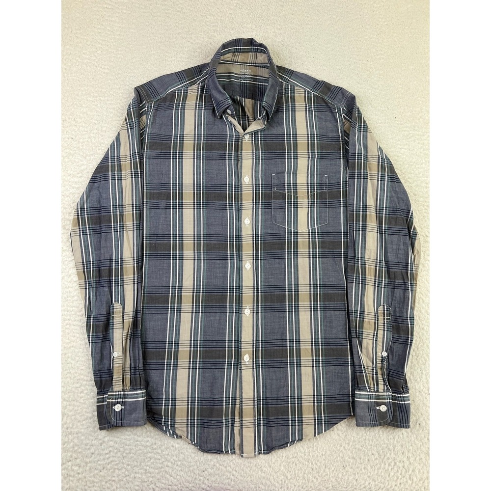 J Crew Shirt‎ Mens Small Blue Beige Green Plaid Lightweight Chambray Button Up